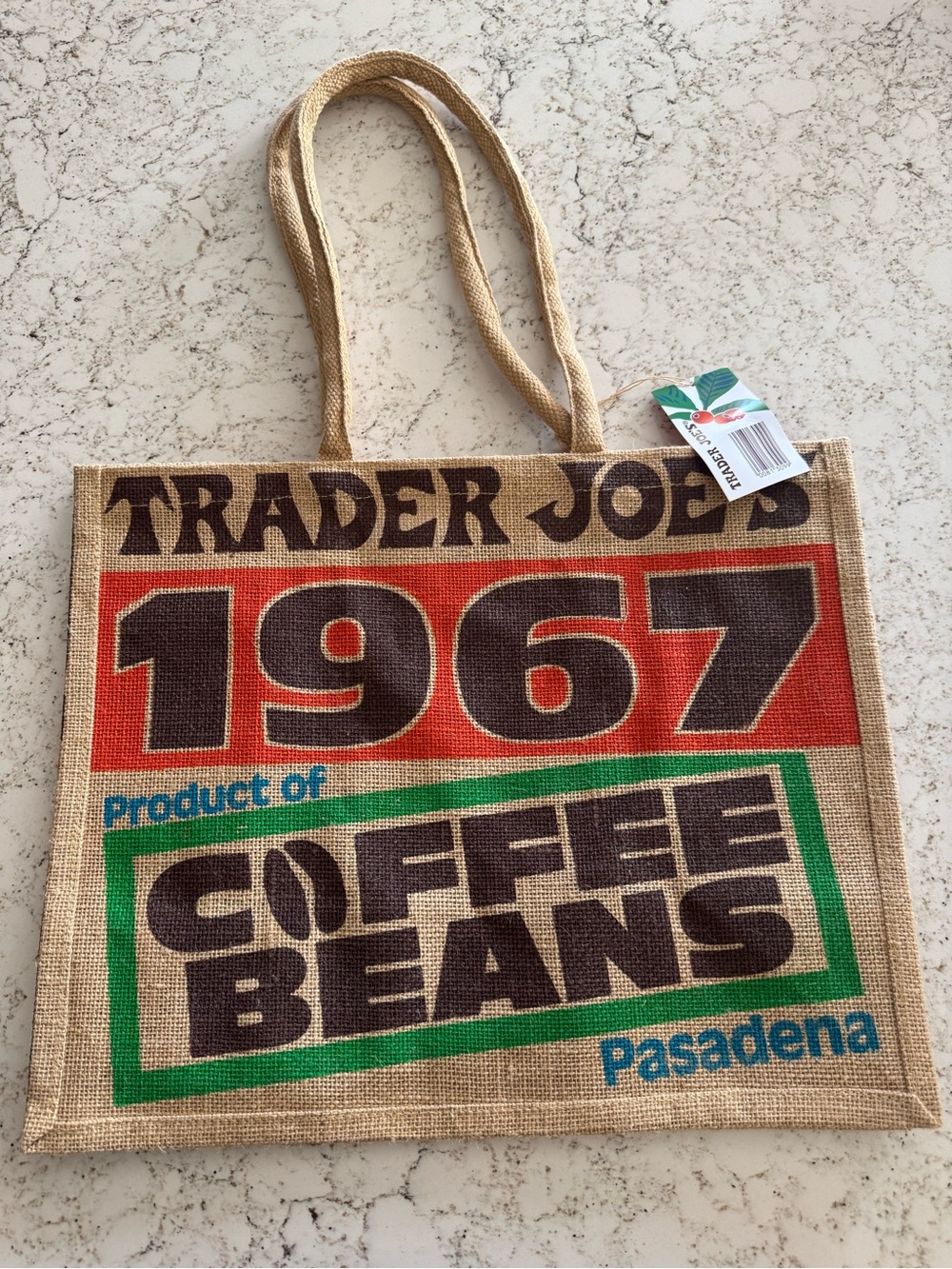 1967 Coffee Beans Jute Tote Bag - Natural with Red/Green Accents